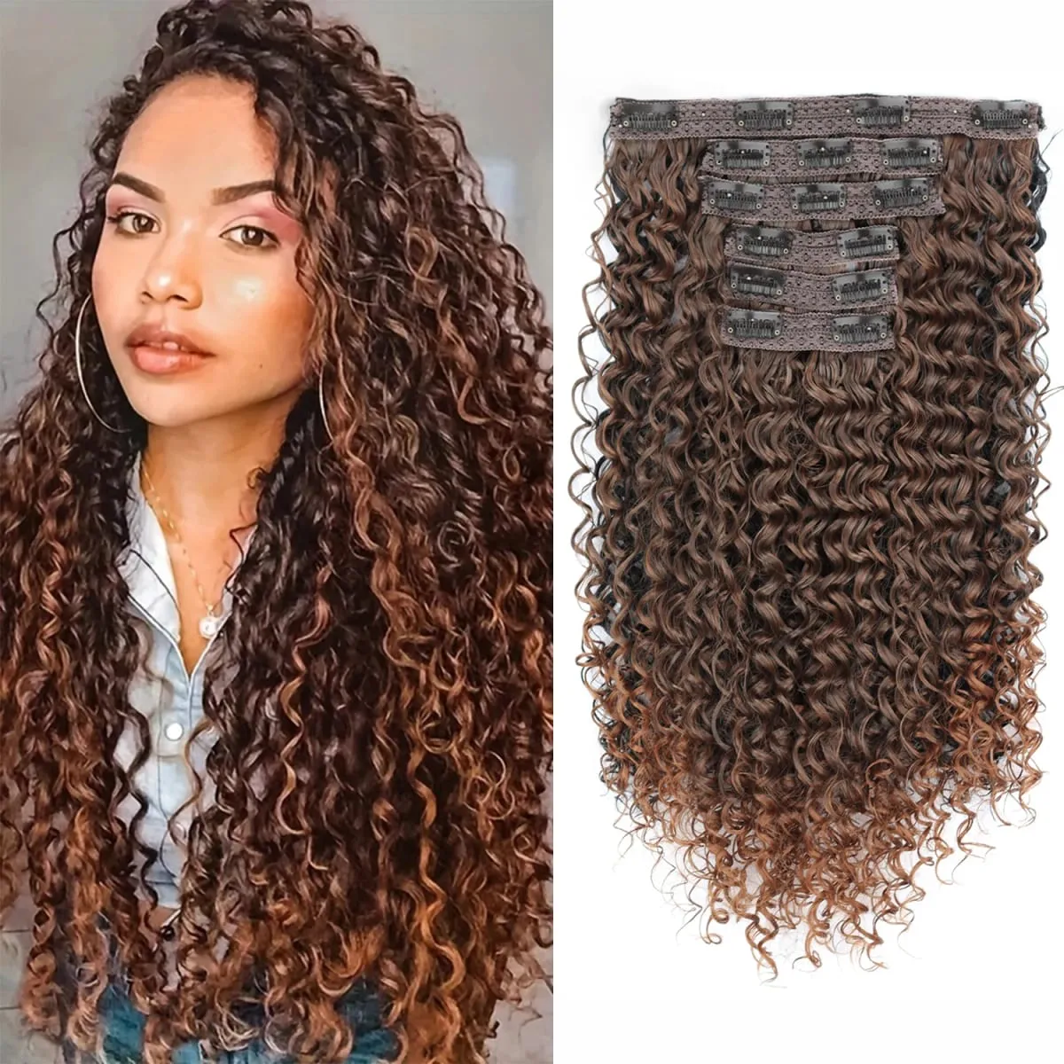 16 Clip In Hair Extensions Synthetic Kinky Curly Full Head Fake Pieces Brown Black Hair Extensions Suitable For Black Women — image 9