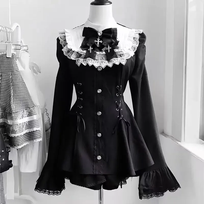 Sweet Lolita Style Lace Pearl Cute Print Shirt Dresses Japanese Kawaii Bow Dress Set Gothic Y2k Tea Party Women Dress 2025 New — image 5