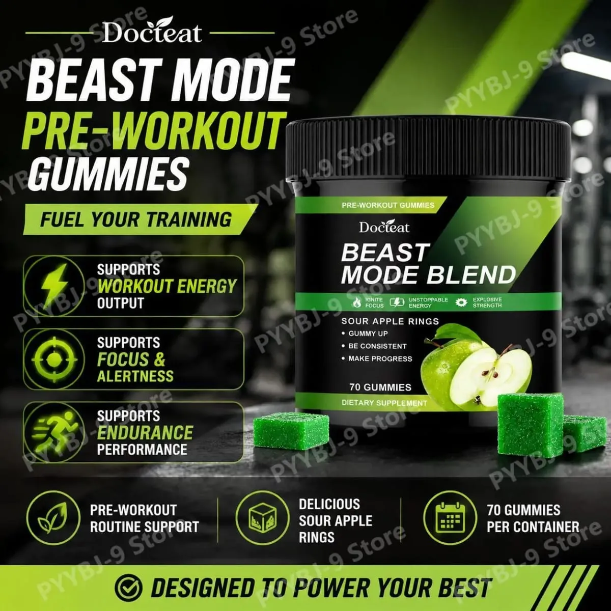 Docteat Beast Mode Blend Pre Workout Gummies Energy Focus & Endurance Support for Strength Training & Active Gym Days 70 Count