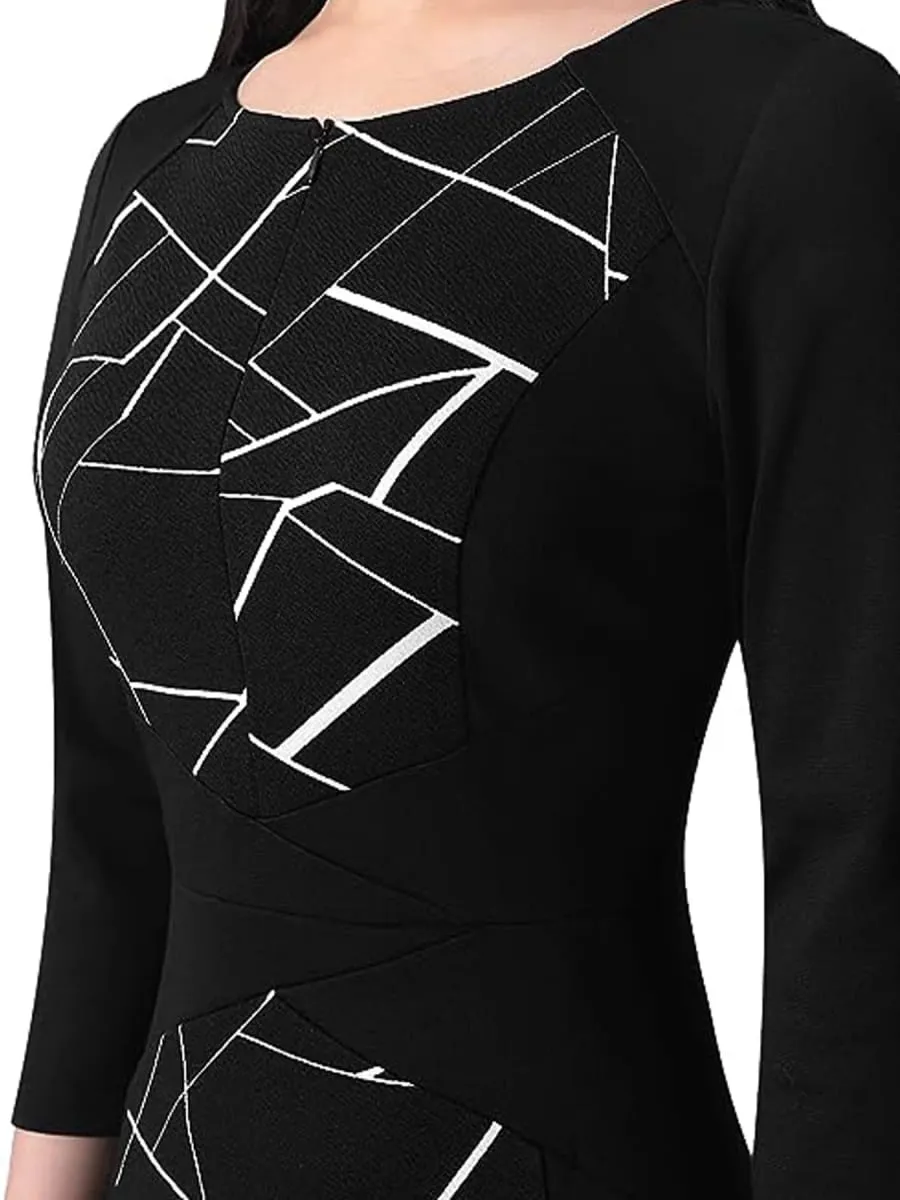 Feminino elegante negócios v notch pescoço 3/4 manga outono escritório trabalho na altura do joelho bodycon vestido estampa geométrica retalhos ajuste fino