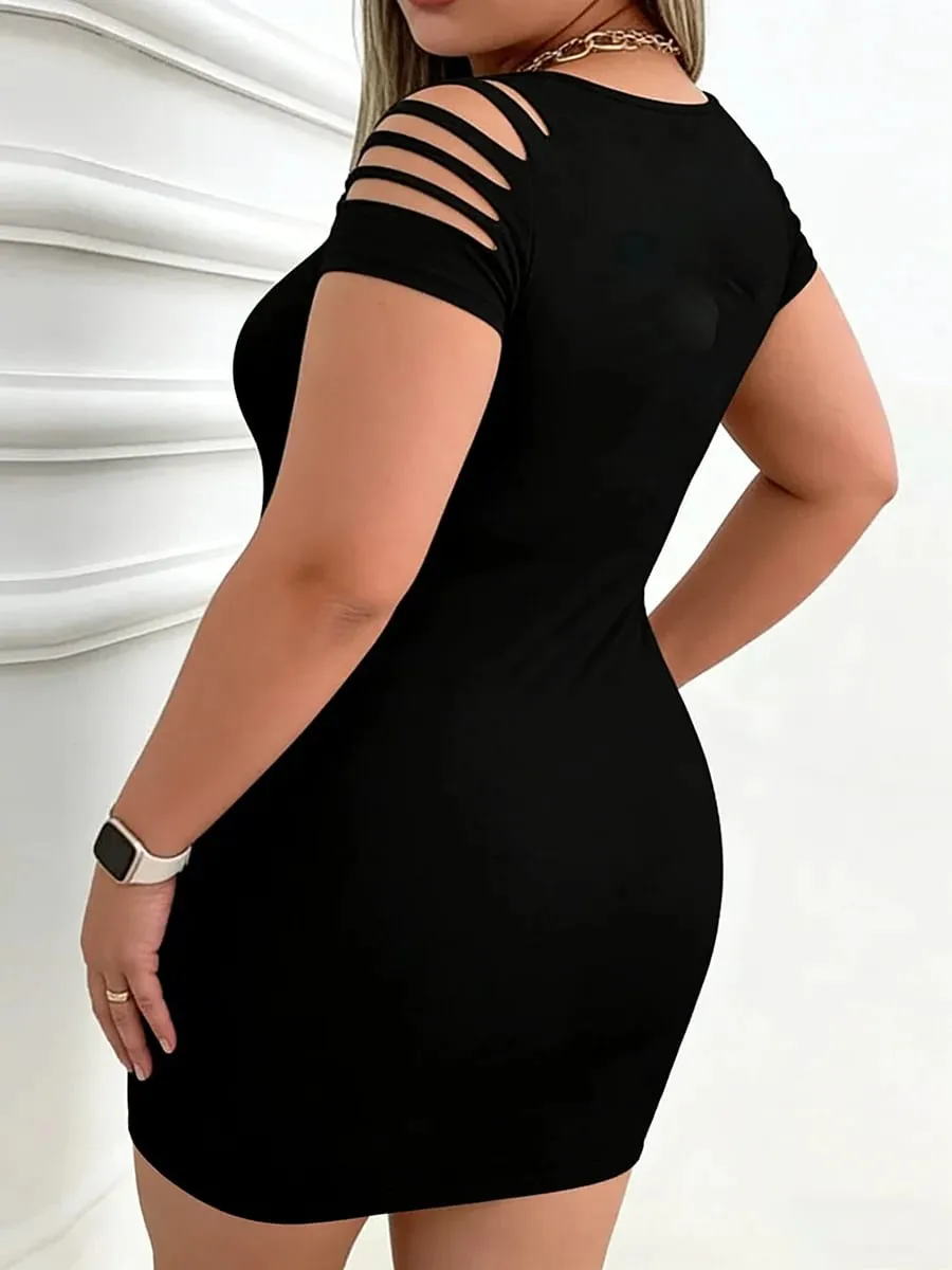Plus Size Slim Fit Mini Dress for Women with Hollow Short Sleeved Elastic Slim Fit Solid Color Sexy Fashionable Party Date Dress — image 3