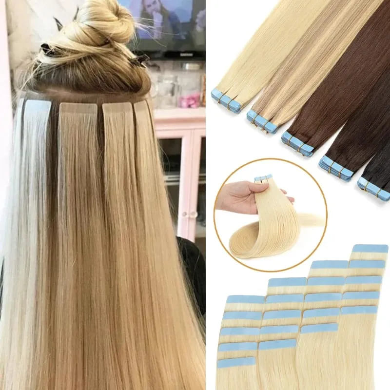 High Quality Silky Soft Remy Human Hair Extensions 12 Inch-20 Inch Tape Hair Wear Resistant Durable Silky Soft PU Seamless Add Length Volume — image 2