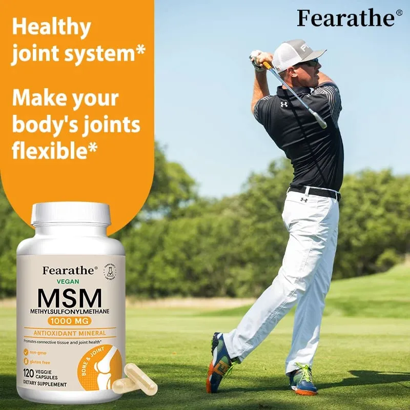 Fearathe Methylsulfonylmethane (MSM) สารต้านอนุมูลอิสระ 1,000 มก. ส่งเสริมสุขภาพข้อต่อ การดูดซึมแคลเซียมที่สมดุล ไม่ใช่จีเอ็มโอ ปราศจากกลูเตน — image 4
