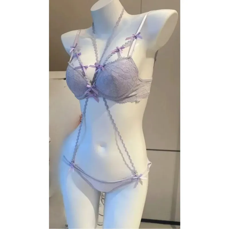 Ladies Halter Neck Bra Set Purple Cross Strap Butterfly Detail Push Up Lingerie Suit 32-38AB Daily Fashion Inner Wear
