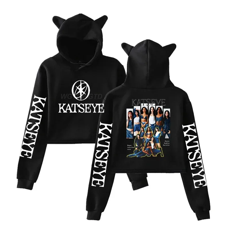 Harajuku Fashion Streetwear Girls Hoodie KATSEYE New Street Style Cat Ear Crop Tops Pullover Girl Vintage Gothic Y2k Sweatshirts — image 1