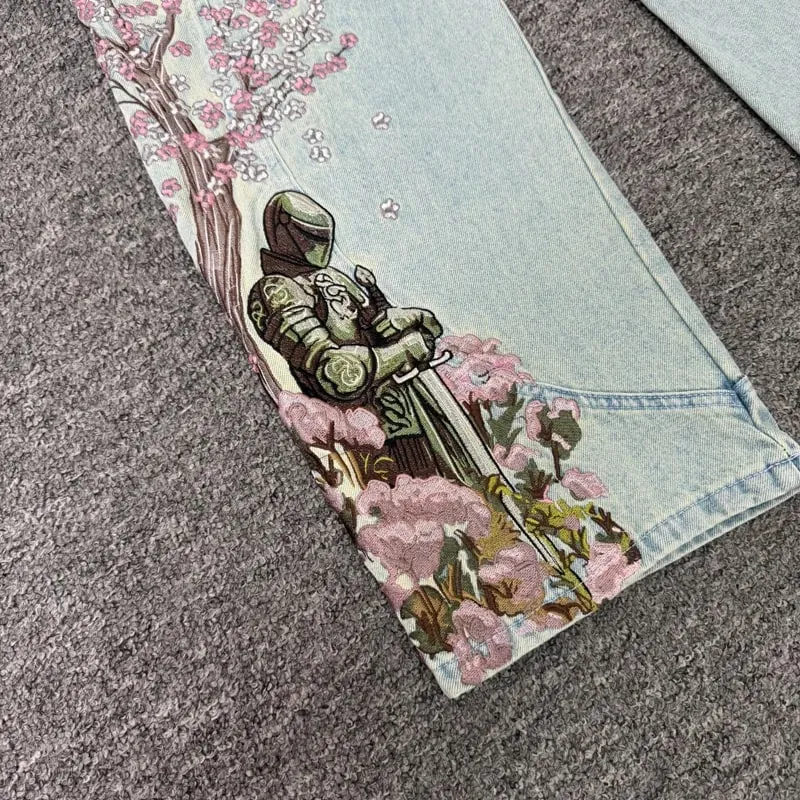 Blue Vescartes Cherry Blossom Knight Loose Straight Jeans High Quality Men Women Streetwear Fashion Denim Trousers Leather Label — image 6