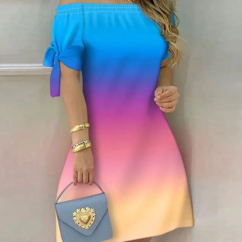 Kadınlar için açık omuzlu Mini Elbise Yaz Seksi Kısa Kollu Papyon Çizgili Çiçek Baskı Elbiseler Moda Rahat Gevşek Elbise — image 9