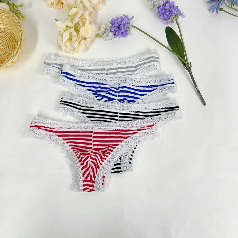 Men Lace Trim Striped G-string Underwear Half-covered Butt Low-rise Pantie Thong Half Hip Men Briefs Mens Sexy Underwear — image 1