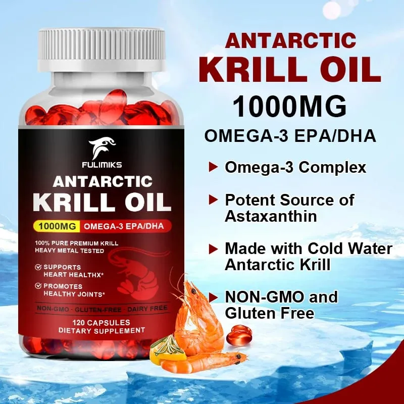 Pure Antarctic Krill Oil Supplement 1000mg Omega-3 with EPA/DHA Supports Heart Brain & Joints Health for Adults