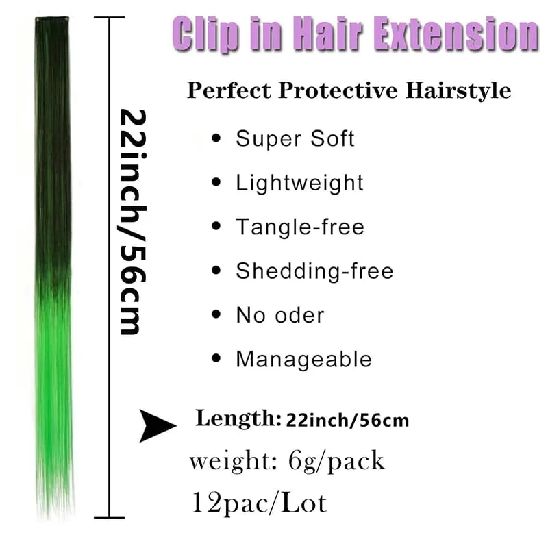 12pcs Colorful Bright Pink Hair Extensions Clip in Colored Party Highlights Extension Synthetic Hairpieces Straight for Women — image 4