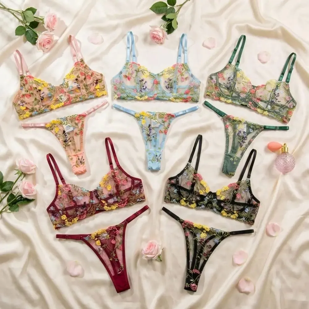 2-Piece Floral Lingerie Set Sheer Embroidery Underwear Intimates Underwire Push-up Versatile Bra Panty Set For Lady Girl — image 2