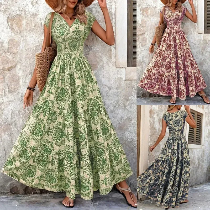 2026 Vintage Floral Print Dress Elegant V-Neck Short Sleeve Long Women's Fashion Retro Gown — image 7