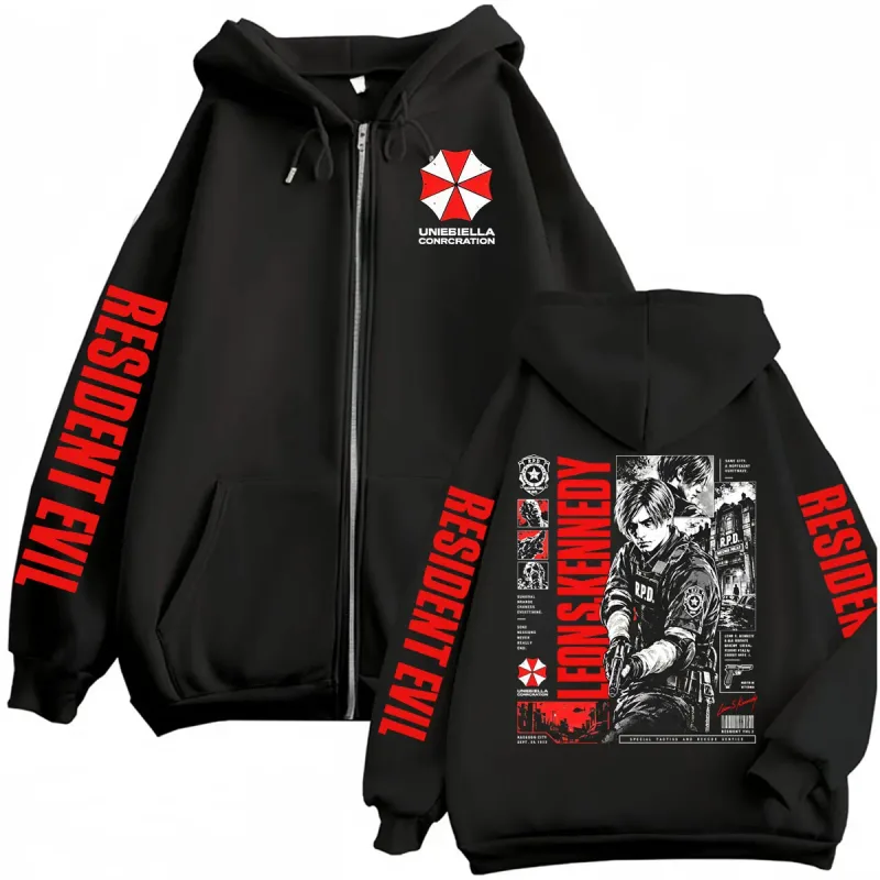 Vintage Gaming Resident Evil Leon Kennedy Zipper Hoodies Men's Fashion Classic Gothic Sweatshirts Jacket Bodywarmer Zip Up Coats — image 1