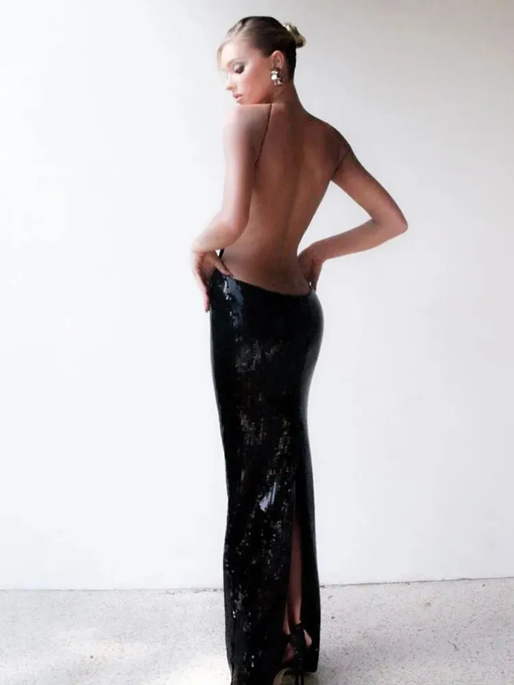Women Summer Luxury Sexy Backless Halter Black Mesh Sequins Maxi Long Gowns Dress Elegant Celebrity Evening Party Club Dress — image 3