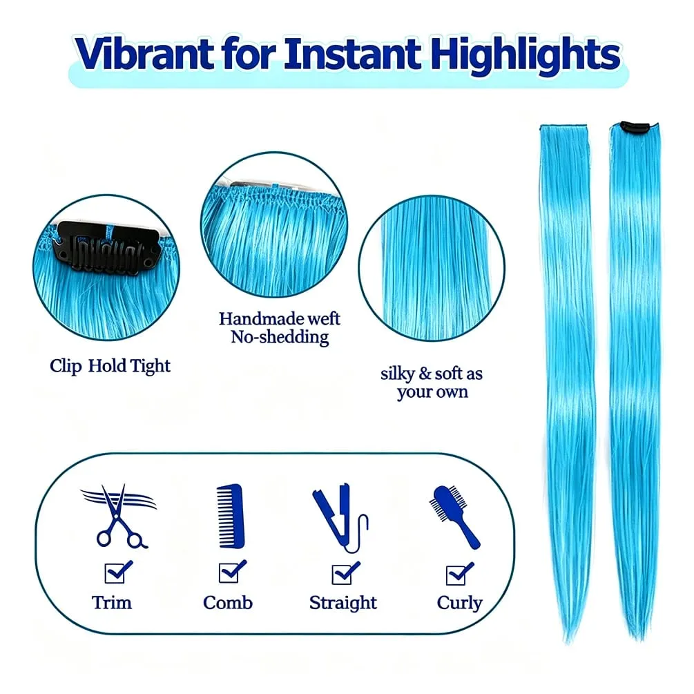 6 Pcs Synthetic Bright Cyan Clip In Hair Extensions Straight Colored Highlight Hair Streaks Heat Resistant Synthetic Fiber — image 3
