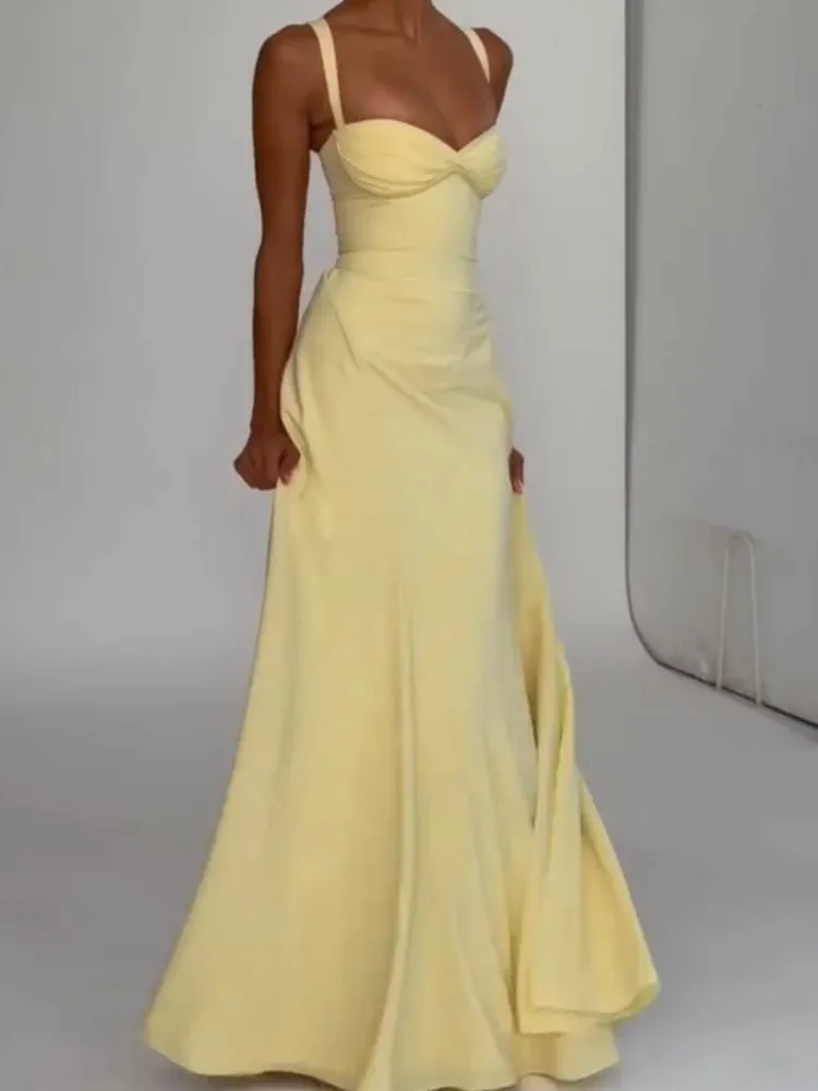 Kadınlar Sarı Düşük Kesim Backless Yüksek Belli Elbise Dantel Up Kolsuz Bel Cincher Spagetti Kayışı vestidos Parti Kulübü Kadın Elbise — image 2