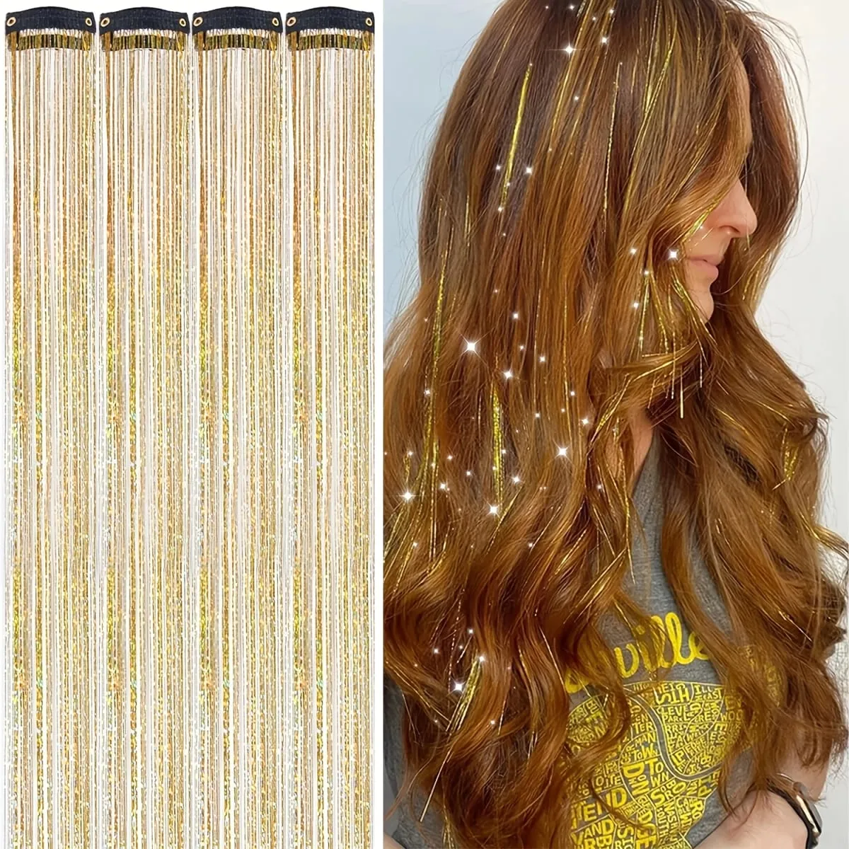 4pcs Clip-In Hair Tinsel Extensions Sparkly Holographic Glitter Hair Strands with Snap Clips Reusable Easy-To-Wear Hair — image 10