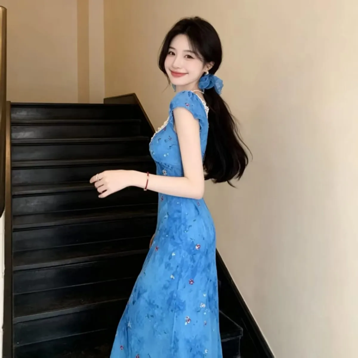 Elegant Blue Lace Splice Beach Vacation Style Tea Break Dress High Waist A-Line Skirt Short Sleeve V-Neck Commute Korean Style — image 2