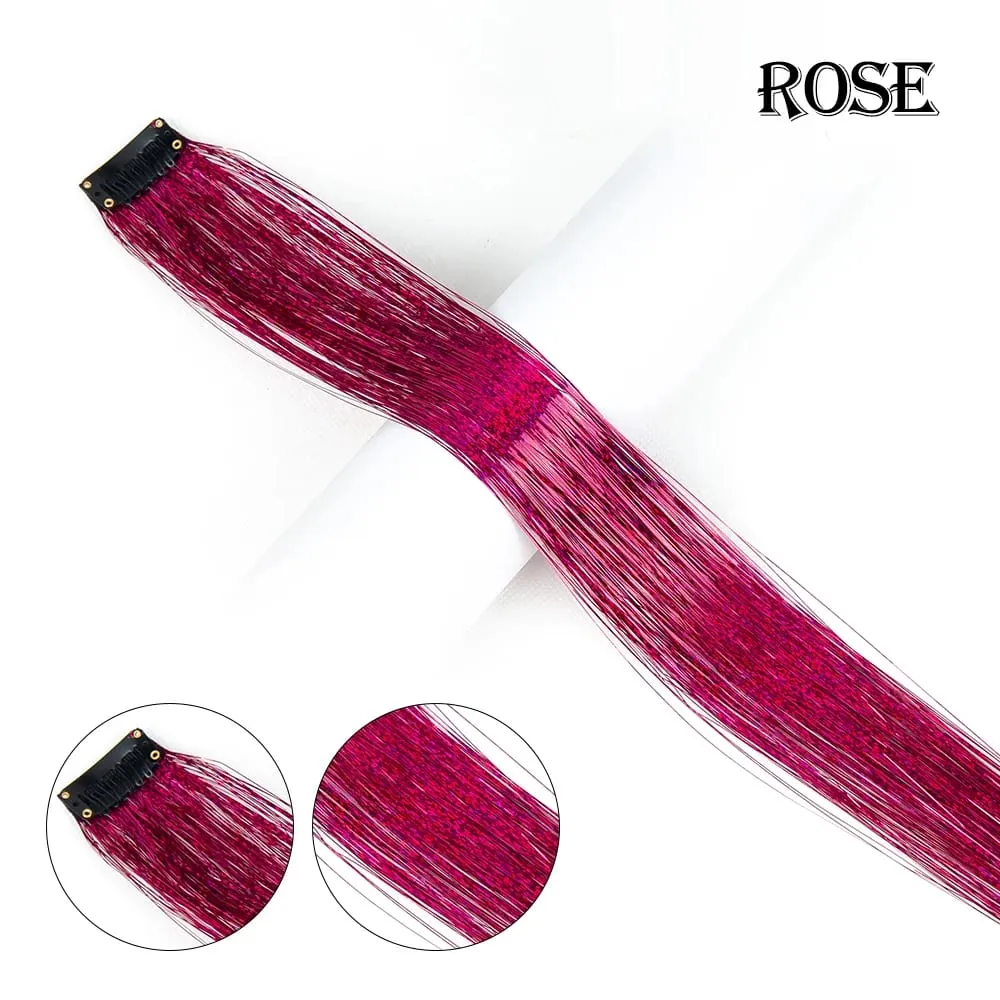 Straight Rainbow Colored Party Highlights Clip On In Hair Extensions Bling Hair Piece Synthetic Hairpieces Sparkling Tinsel Red — image 14