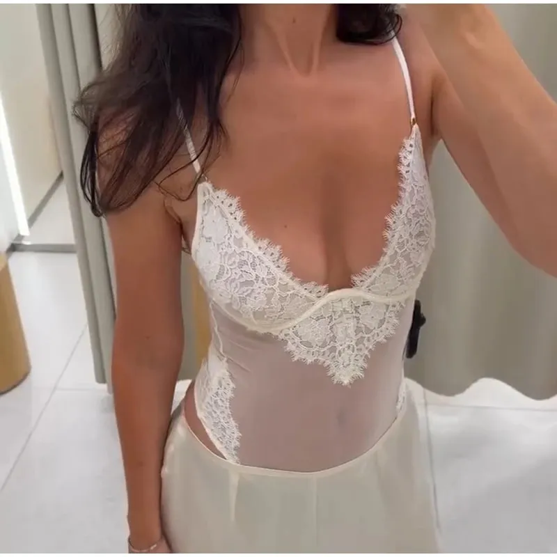 Lace Patchwork V-Neck Spaghetti Strap Sheer Mesh Bodysuit Fitted 2026 Summer Women Mesh Top Delicate Elegant Lady Bodysuit