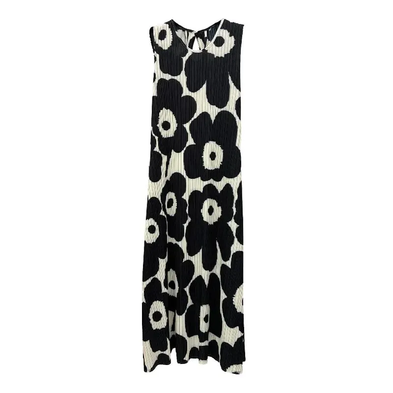Miyake Pleated Sleeveless Dresses Plisse 2026 Summer New Loose Plus Size Fashion Casual Slimming Pleats Fold Printed Long Dress