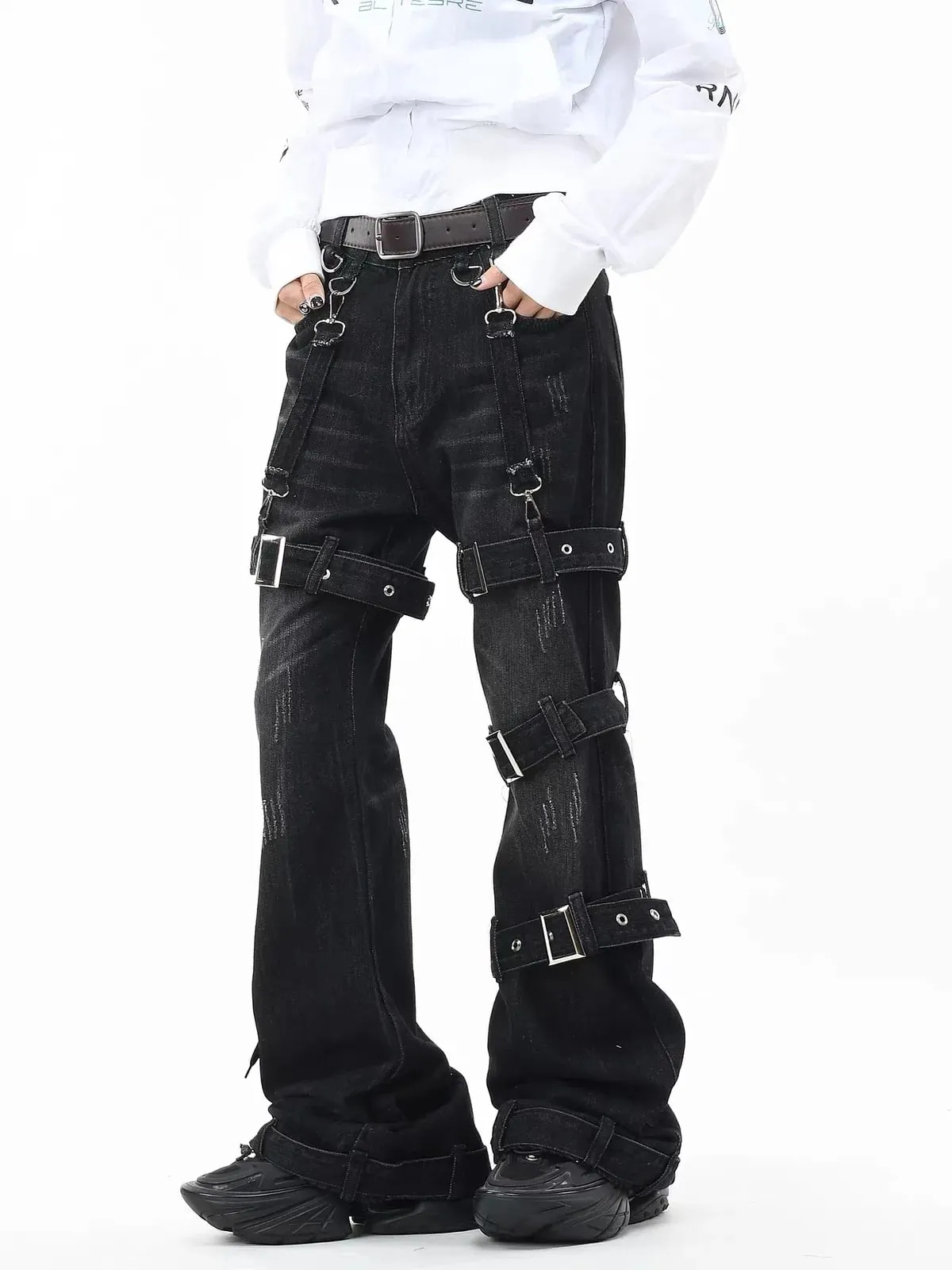 Gothic Punk Multi Buckle Strap Slim Fit Black Jeans Man Woman Ripped Vintage Techwear Bootcut Jeans — image 5