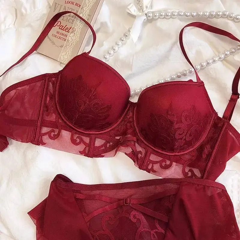 Red Lingerie Set for Wedding Bride Push-Up Bra To Make Small Breasts Look Larger Side Support Dragon Zodiac Year Bra Set — image 3