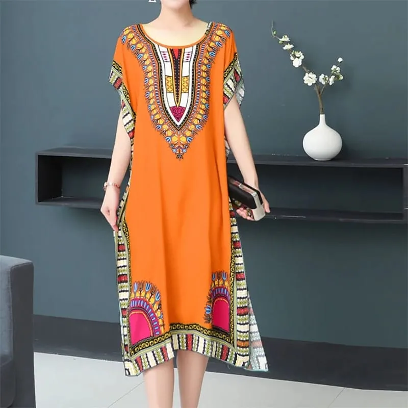 Boho Holiday Women V-Neck Batswing Short Sleeve A-Line Midi Dresses Slim Elastic Waist Casual Vintage Office Lady Elegance Dress — image 23