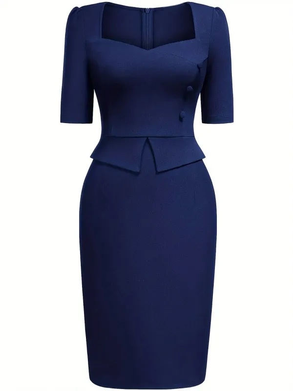 Womens Elegant SquareNeck Short Sleeve Work Office Knee Length Solid Business Casual Party Peplum Pencil Bodycon Sheath Dress — image 3