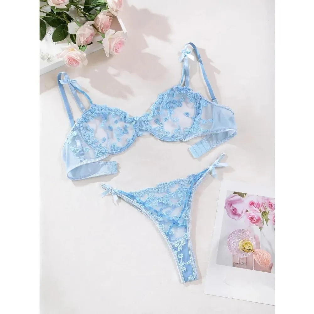 Women's Underwire Push-Up Sheer Lingerie Set – Strappy Embroidered Mesh Bra & Panty — image 6