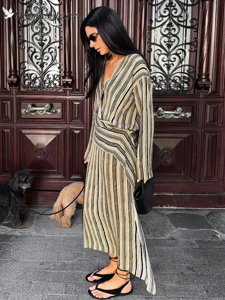 Casual Stripe Maxi Dresses Women Loose Full Sleeves Deep V-neck Ankle-length Dress 2026 New Ladies Summer Vacation Beach Outfit — image 2