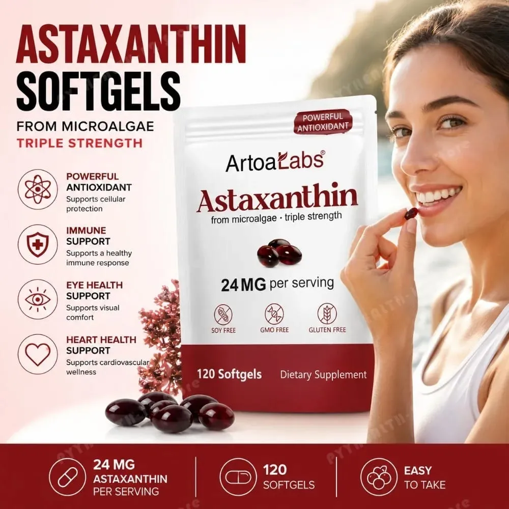 Astaxanthin Softgels 24mg Triple Strength Kraftfuld antioxidant Øjensundhedsstøtte Mikroalger Sojafri Glutenfri 120 Antal — image 2