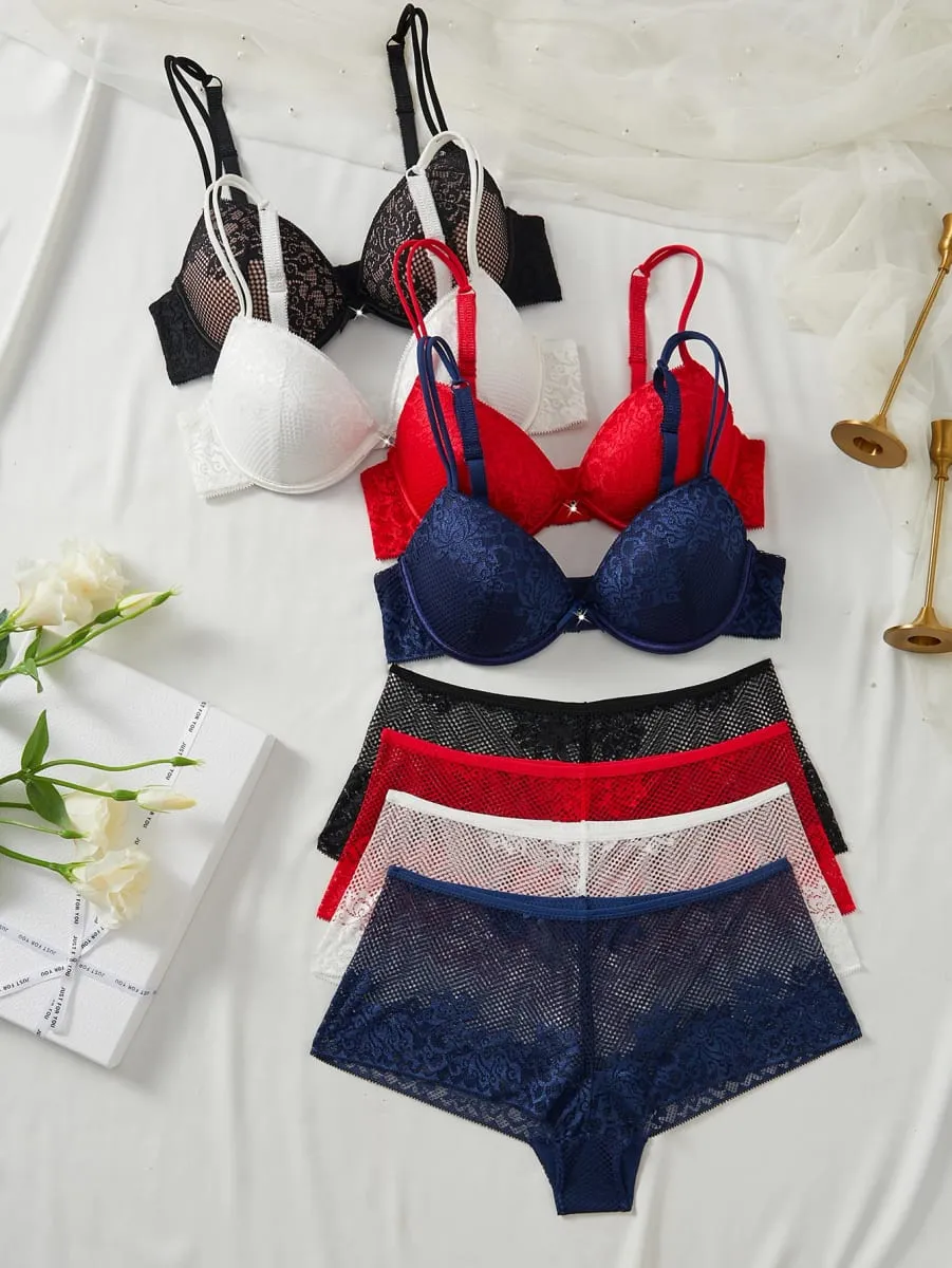 4 PCS Women's Underwear Set Sexy Floral Lace Push Up Bra Sheer Breathable Panties Stylish Comfortable Sexy Lingerie — image 3