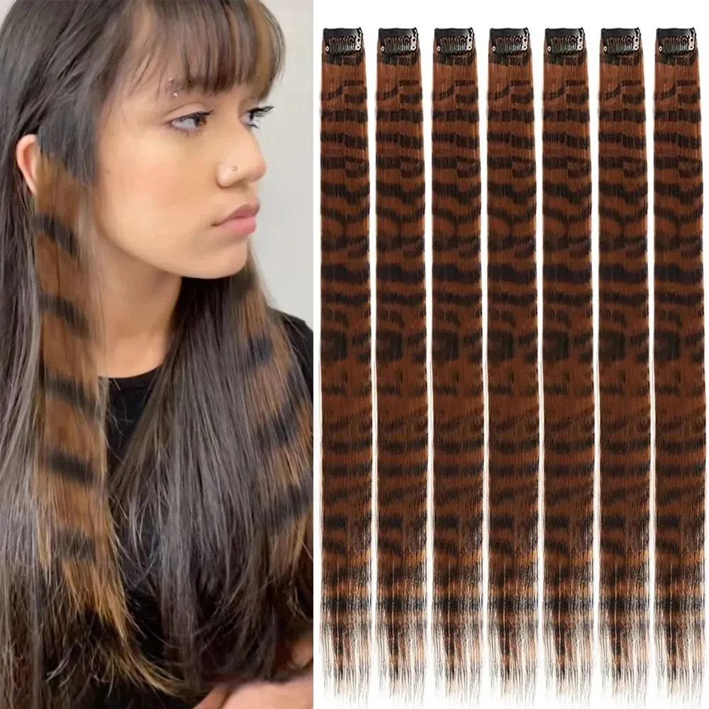 18' 7 Pcs Rainbow Long Straight Zebra Print Synthetic Feather Clip in Hair Extensions for Women Ideal Halloween Christmas — image 8