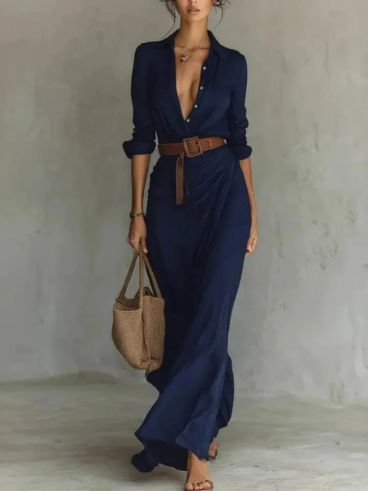 Fashion Sexy Single-breasted V-neck Long-sleeved Dress For Women Elegant Spring Autumn Solid Color Irregular Belt Dresses Female — image 4