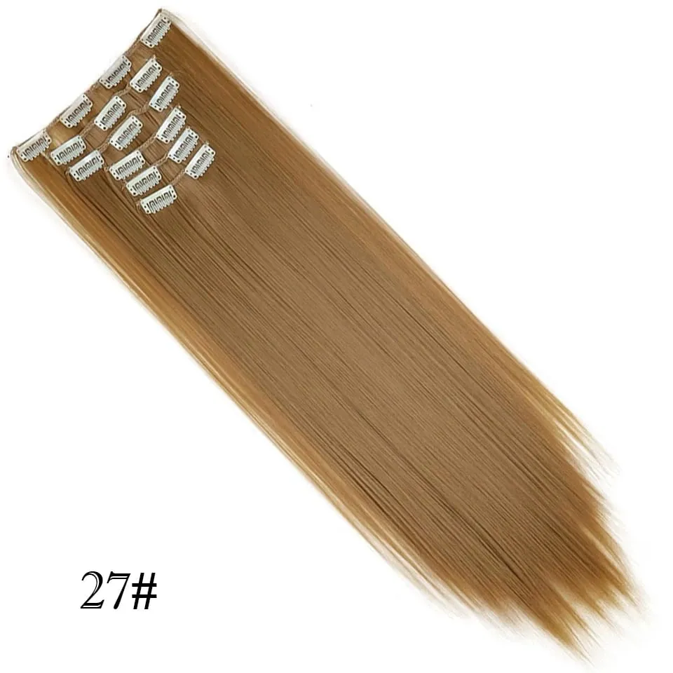 6Pcs/Set Clip In Hair Extension Synthetic Highlights Blonde Long Straight Hairpiece Full Head Thick Hairpieces for Women Girls — image 18