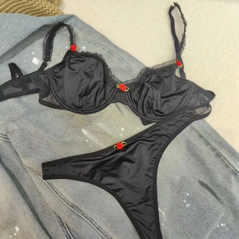 4 Color Fashion Women Lingerie Set Sexy Lace Ultra Thin Comfort Bra French Silk Satin Underwear Bralette Ladies Bras and Thongs
