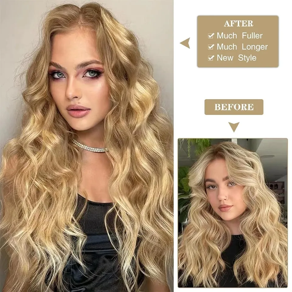 4 PCS Water Wave Clip In Hair Extensions Ombre Blonde Synthetic Natural Hairpieces For Women Lightweight All Day Wear — image 3