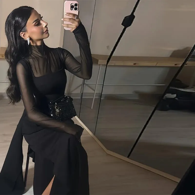 Stylish Lady Mesh See Long Sleeve Splicing Dress Elegant Evening Gown Women's 2026 New Luxury Boutique Club Party Dresses — image 7