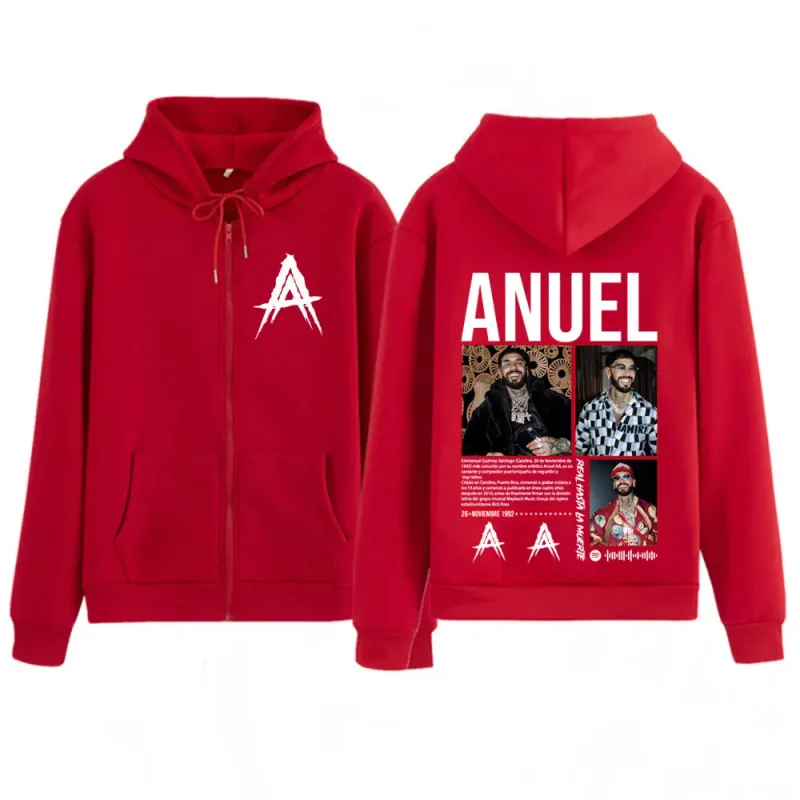 Rapper Anuel AA Album Tour 2025 Vintage Graphic Zipper Hoodie Men Women Fashion Long-sleeved Casual Hip-hop Zip Up Sweatshirts