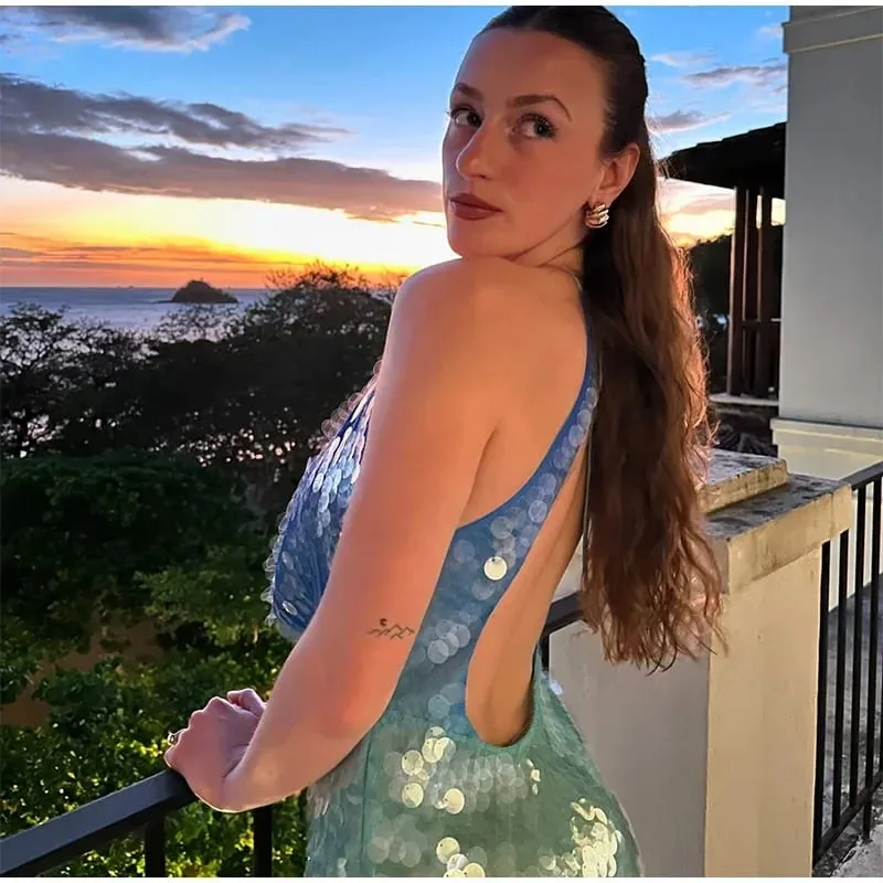 Kobiety Y2K cekinowa zroszony sukienka koktailowa seksowna świecąca zdobiona Rhinestone Mini sukienka brokat Backless lśniąca odzież klubowa — image 6