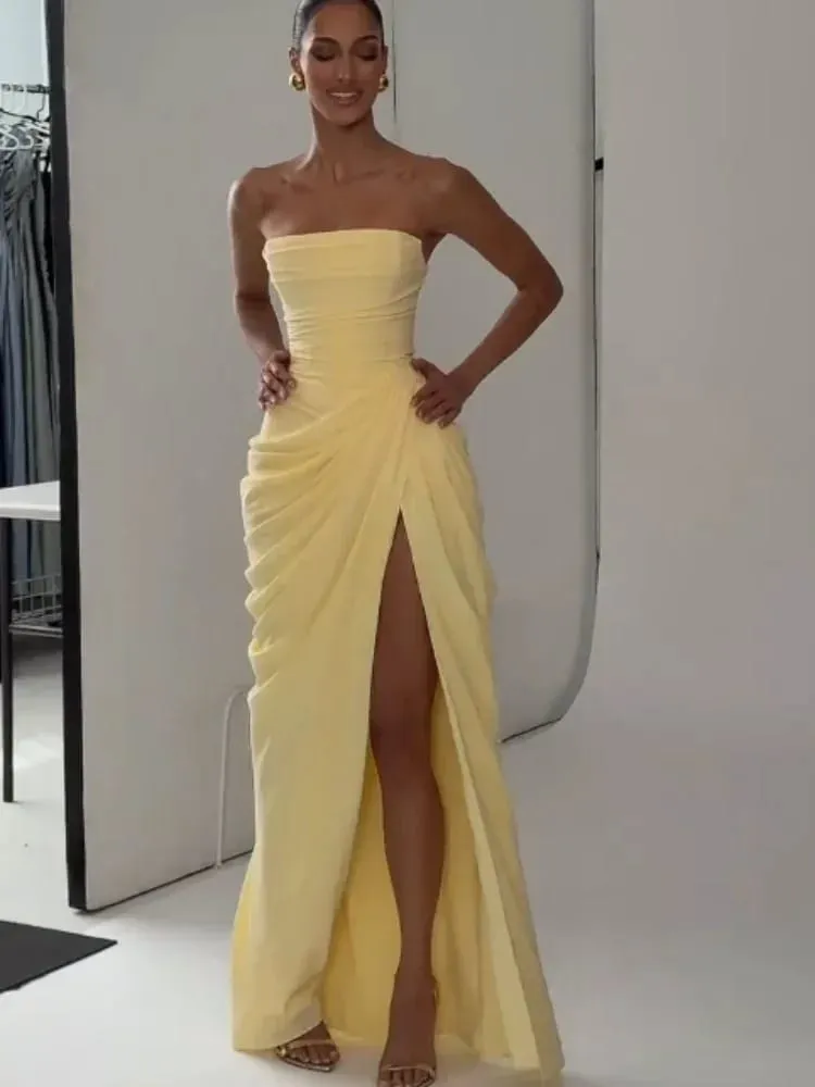 Kobiety żółta elegancka plisowana sukienka bez ramiączek seksowna bez rękawów wyszczuplająca talia suknie Maxi z rozcięciem 2026 Lady nowe suknie wieczorowe