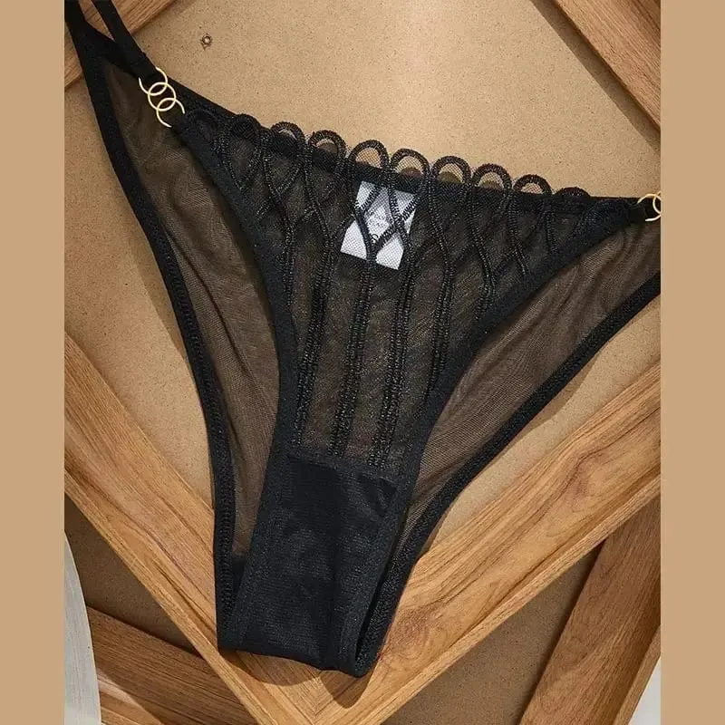 French Style Sexy Embroidered Transparent Underwear Set V-Neck Design Anti-Sagging Breathable Bra And Panties Ensemble Black — image 5