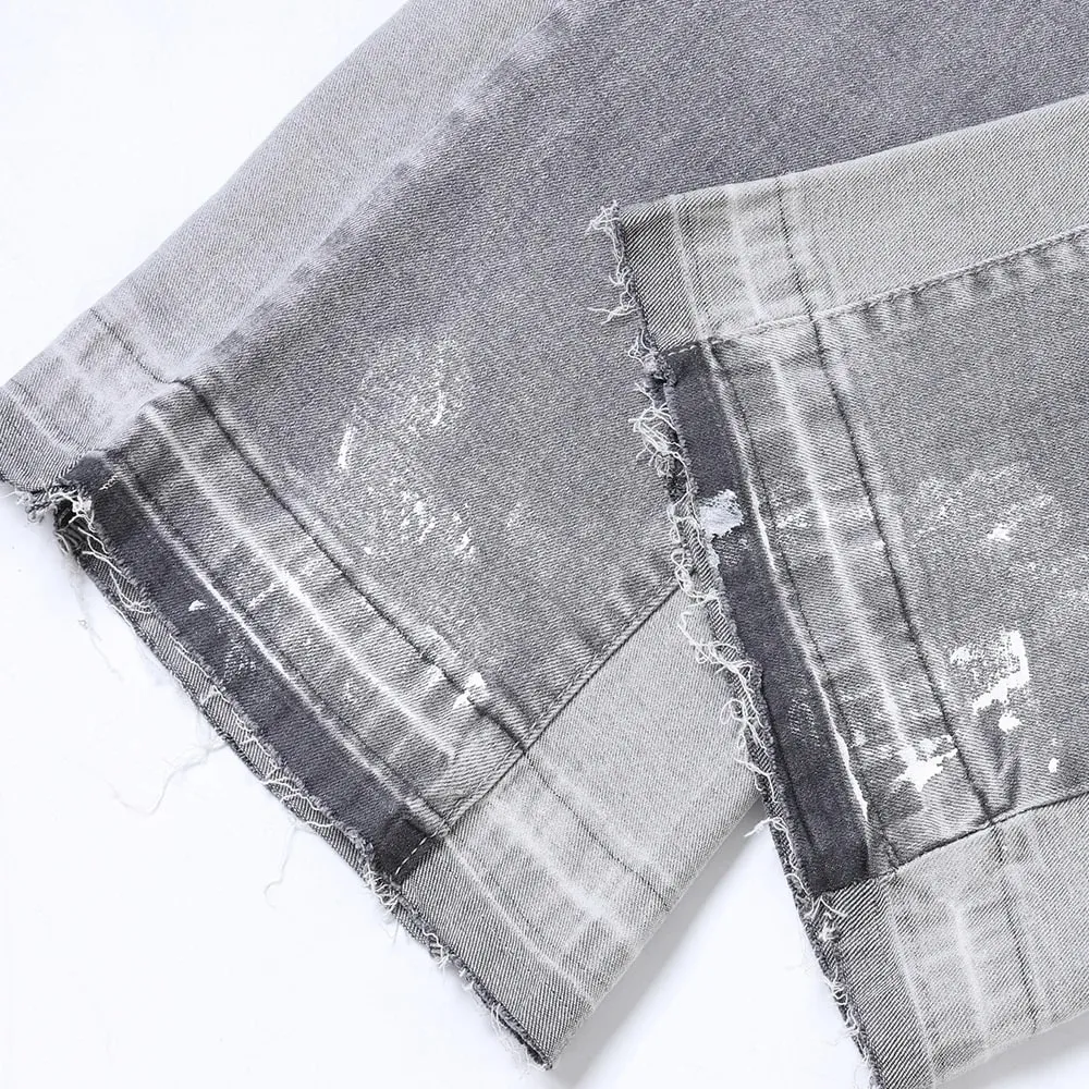 Men Painted Flared Denim Jeans Spliced Slim Boot Cut Pants Vintage Grey Cotton Released Hem Trousers