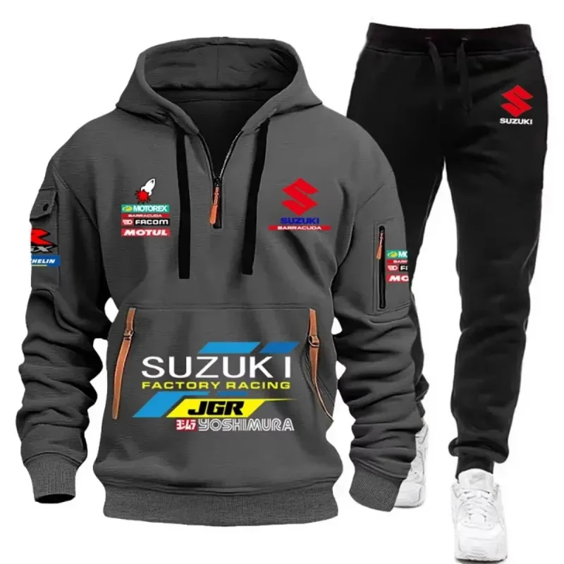 2026 Suzuki Men's Hoodie, Half-Closed Front Multi-Pocket Sport Shirt + Athletic Pants Two-Piece Set for Cycling, Running and Mot — image 9