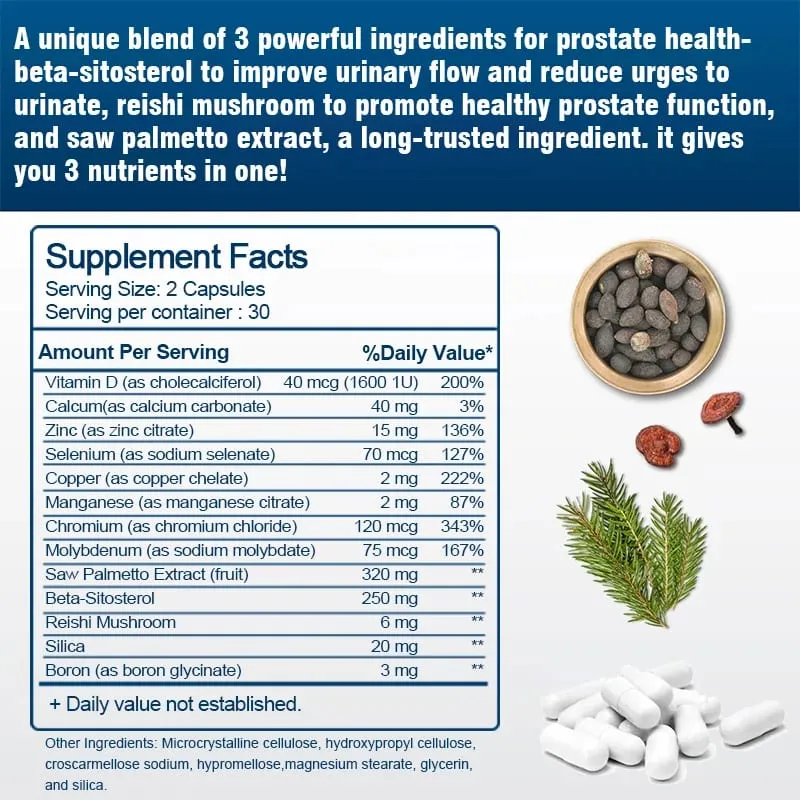 Saw Palmetto Prostate Supplement for Men - Supports Bladder Urinary & Prostate Health with Beta-Sitosterol Reishi Vitamin D