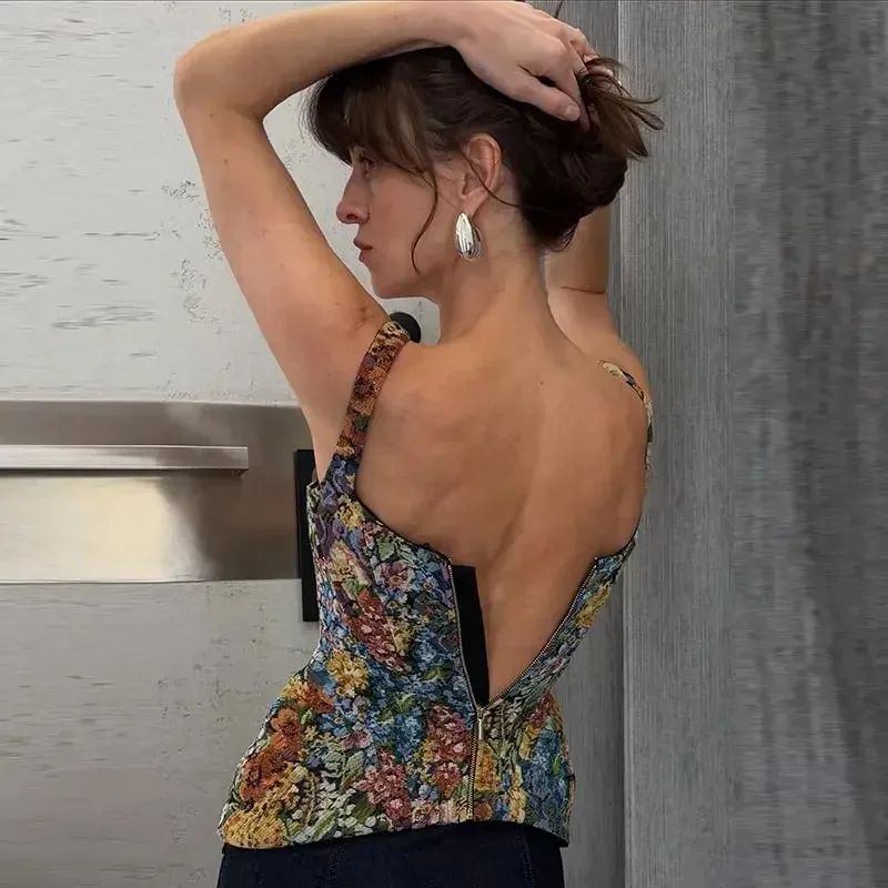 Elegant and Sexy Retro Printed Camisole Tight Corset Women's Backless Zipper Sleeveless Slim Fit High Street Party Vacation Top — image 8