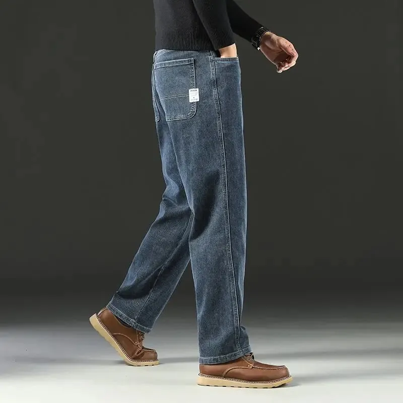 Men's Spring Autumn Soft Baggy Jeans Casual Straight Stretch Wide-Leg Business Denim Pants Versatile Comfortable Loose Trousers