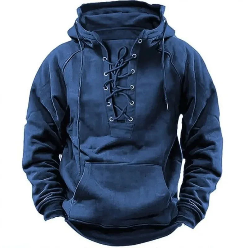 Men's Retro-Style Lace-Up Hooded Sweatshirt Loose-Fitting Long-Sleeved Pullover Pure Color Design for Autumn Winter Hoodie