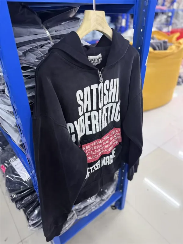New SN Letter Printed Washed Retro Splashed Ink Zipper Hoodie Street Casual Cotton Loose Versatile Sports Oversize Trendy Top
